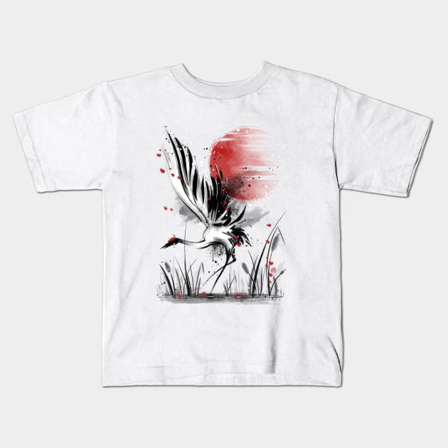 Sumi-e crane Kids T-Shirt by Daisyart_lab